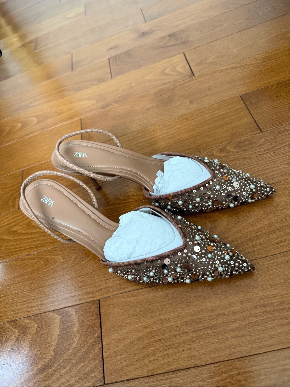 Zara Beaded Pointed Toe Slingback Heels in Brown